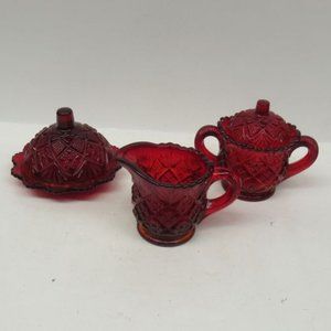 Westmoreland Glass Red FAN and FILE Childs Butter Dish, Creamer, Sugar and Lid